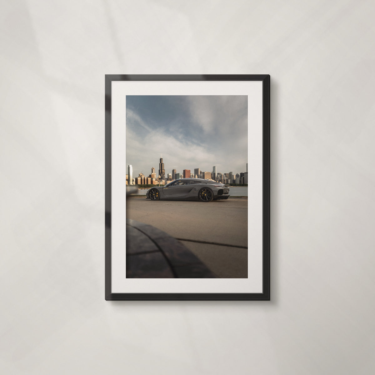 Apex: framed print of a grey hypercar against the Chicago skyline