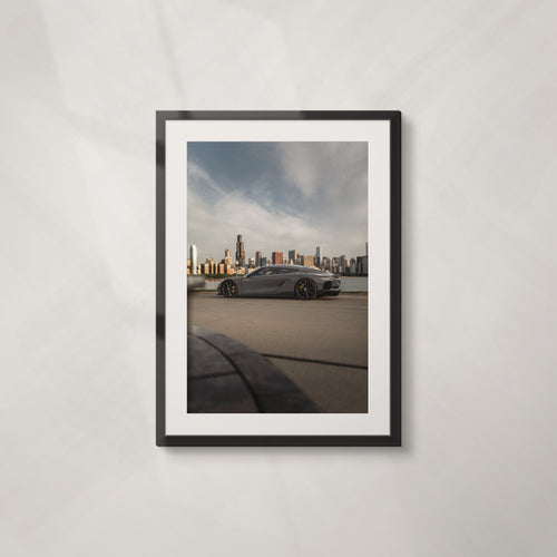 Apex: framed print of a grey hypercar against the Chicago skyline