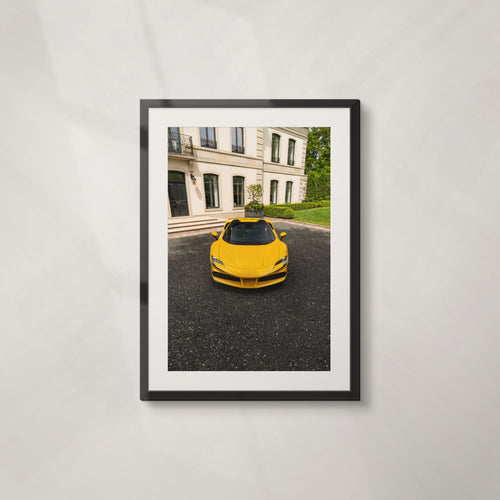 Endurance: framed print of a yellow Ferrari SF90 Spider in front of a stately home