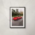 Rosso: framed print of a red Ferrari Monza SP at speed on a tree-lined road
